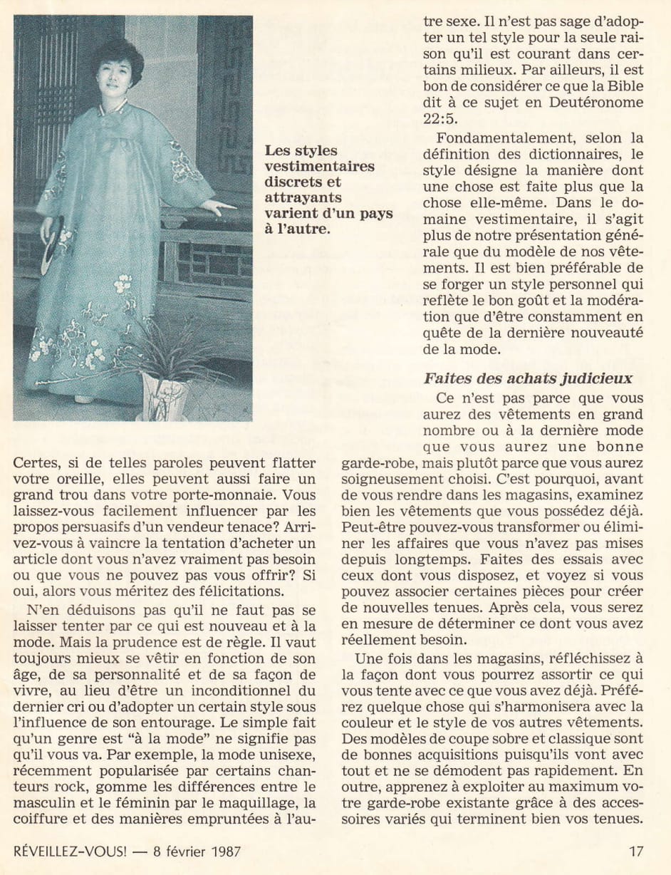 Le code vestimentaire des Témoins de la watchtower Reveillez_vous_8_fevrier_1987_page_17
